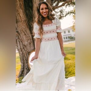 Ivy city liesl Cream Midi Dress with floral embroidered Accents